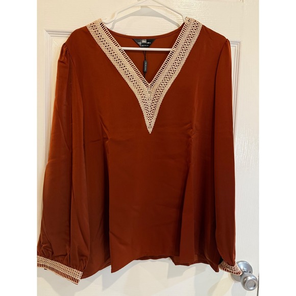 Moonshell Blouse Rust Long Sleeve V-Neck Crochet Trim Top‎ XXL - Picture 1 of 6